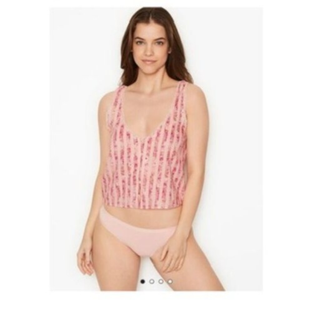 Victoria's Secret Lace Trim Button Up Cami Tank Top S PINK FLORAL SRTIP